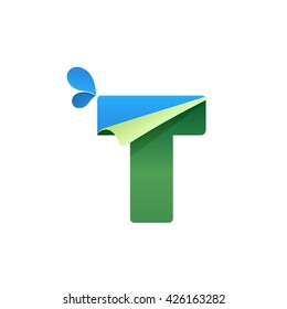 T letter logo with blue drops and folded corner. Vector paper style typeface. Ecology letter for card, app icon, corporate identity, label or poster.