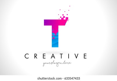 T Letter Logo with Broken Shattered Blue Pink Triangles Texture Design Vector Illustration.