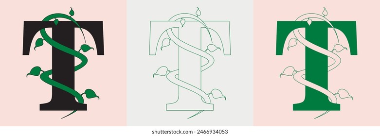 "T" Letter Logo for business and company identity with vines. Unique Hand Drawn Alphabet letter font. Vector Illustration.