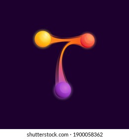 T letter logo with colorful spheres or dots and connecting lines. Vector technology icon perfect to use in any science labels, multimedia posters, energy identity, etc.