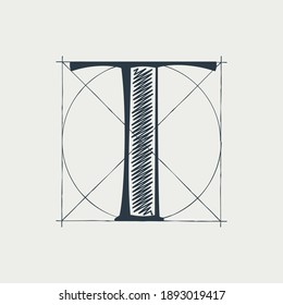 T letter logo with construction grid lines. Vector vintage serif character perfect to use in any architecture labels, boutique posters, luxury identity, etc.
