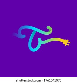 T letter logo with curl cable and plug adapter. Vector typeface for energy labels, wire headlines, power posters, electric company identity, etc.
