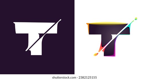 T letter logo letter with cyber distortion, color shift effect. Double exposure font. Neon glitch illusion icon. Colorful type for futuristic tech heading, music poster, vibrant sale banner.