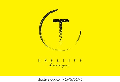 T letter logo design with black squares and circle frame on bright yellow background. Creative vector illustration with letter T.