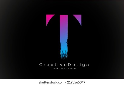 T Letter Logo Design mit kreativ rosa violettem Pinselstrich Stroke Vektordesign Illustration.