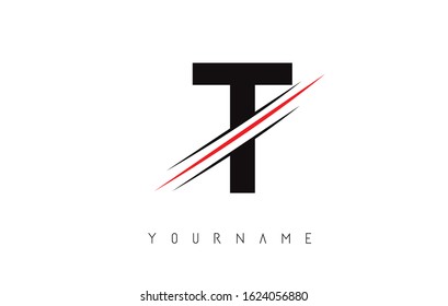 T Letter Logo Design cutted in the middle with a red line and with sharp edges.  Creative logo design. Fashion icon design template.