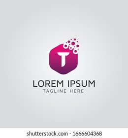 T Letter Logo Design with Dots and Hexagon polygon shape on gradient, Dots Letter T Business Logo Vector Design Template Illustration. 