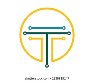 T letter logo design elements made with line and pixels connected with dots