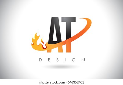 AT A T Letter Logo Design with Fire Flames and Orange Swoosh Vector Illustration.