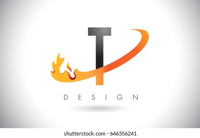 T Letter Logo Design with Fire Flames and Orange Swoosh Vector Illustration.