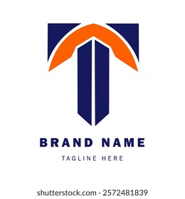 "T letter logo design in a geometric style, flat, with vibrant blue and orange color gradation, ideal for modern branding and creative projects."