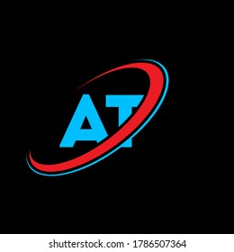 AT A T letter logo design. Initial letter AT linked circle uppercase monogram logo red and blue. AT logo, A T design. at, a t