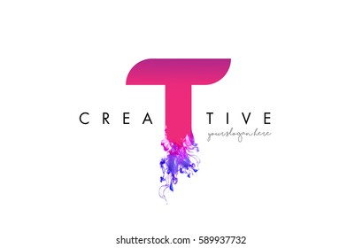 T Letter Logo Design with Ink Cloud Flowing Texture and Purple Colors.