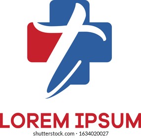 T letter logo design. Letter t in plus medical shape vector illustration.	