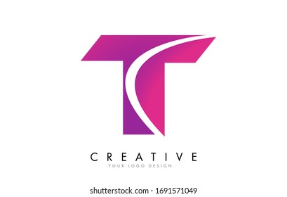 T Letter Logo Design with Ribbon Effect and Bright Pink Gradient. Colorful rounded Letter.