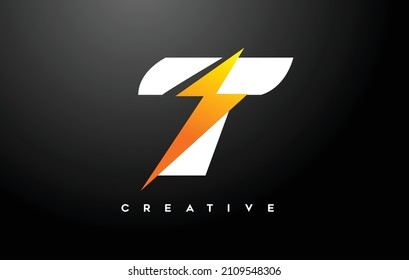 T letter Logo Design With thunderbold sign icon Vector. Stilized Modern Trendy Thunder T Letter Logo Design with creative yellow thunder Vector Illustration.