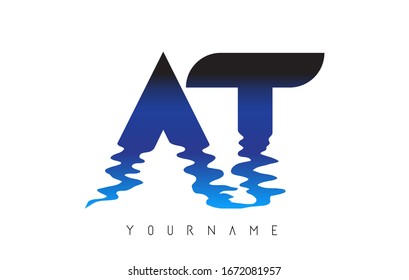 AT A T Letter Logo Design with Water Effect and Deep Blue Gradient Vector Illustration. 