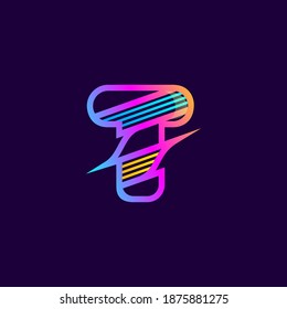 T letter logo with diagonal multicolor lines. This font is perfect for an audio technology, advertising of a tech company, DJs posters, speed music identity, etc.