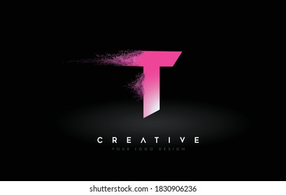 T Letter Logo with Dispersion Effect and Purple Pink Powder Particles Expanding Ash Vector Illustration.