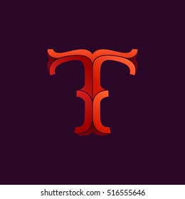 T letter logo in elegant retro faceted style. Red font. Vintage vector typeface for labels, headlines, posters, cards etc.