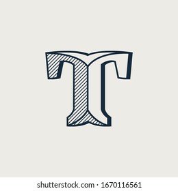 T letter logo in elegant style with diagonal hatching and shadow effect. Vector serif font for barber shop labels, currency posters and bank identity.