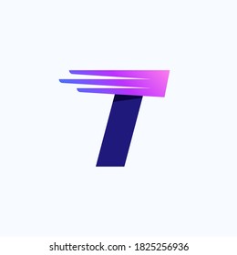 T letter logo with fast speed lines or wings. Corporate branding identity design template with vivid gradient. Can be used for delivery ads, technology poster, sport identity, etc.