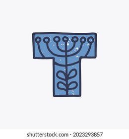 T letter logo with a flower in the Nordic folk art style in the background. Scandinavian font for Christmas cards, retro posters, historical banners, cute decorative prints on T-shirts.