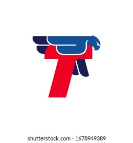 T letter logo with flying eagle. Vector oblique font perfect for sport labels, army posters and fast delivery identity, etc.