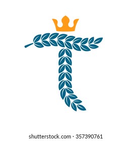 T letter logo formed by laurel wreath with crown. Vector design template elements for your application or corporate identity.