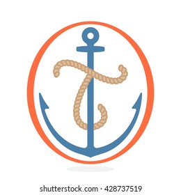 T letter logo formed by rope with an anchor. Vintage badge can be used for a print on fabric, emblem and design elements. 