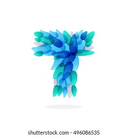 T letter logo formed by blue water splashes. Droplet pattern. Vector ecology elements for posters, t-shirts and cards.