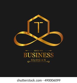 T Letter logo, Gold Emblem, line art logo design. Beautiful Boutique Logo Designs, Business sign, Restaurant, Royalty, Cafe, Hotel, Heraldic, Jewelry, Fashion, Wine. Vector illustration