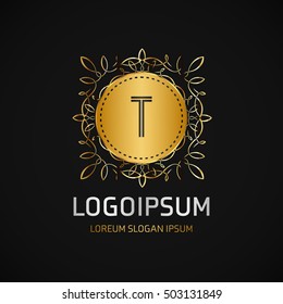 T Letter logo, Golden Monogram design elements, line art logo. Beautiful Boutique Logo Designs, Business sign, Restaurant, Royalty, Cafe, Hotel, Heraldic, Jewelry, Fashion, Wine. Vector illustration