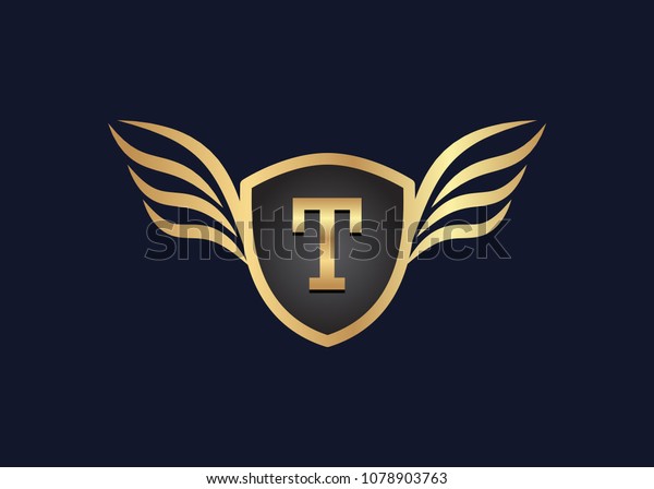 T Letter logo with golden winged shield ,\
vector illustration