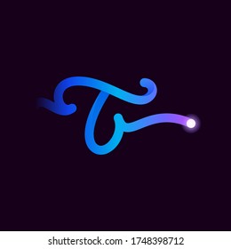 T letter logo with gradient line and flash dot. Perfect font for biotechnology design, heartbeat print, science card etc.