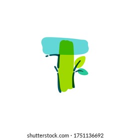 T Letter Logo With Green Leaf Handwritten With A Felt-tip Pen. Vector Bold Marker Font Can Be Used For Nature Labels, Summer Headlines, Bio Posters, Ecology Cards Etc.