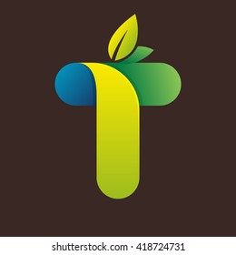 T letter logo with green leaves. Font style, vector design template elements for your eco application or corporate identity.