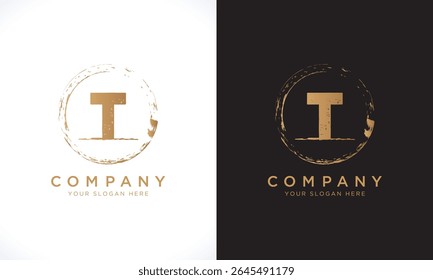 T Letter Logo With Grunge Round Shape. Modern Unique Creative T Logo Design Vector Template. Elegant Identity Design In  Gold Color.