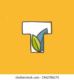 T letter logo hand drawn with a felt-tip pen in soft colors. Line style vector illustration with green leaves for your upcoming eco-friendly and zero waste projects. 