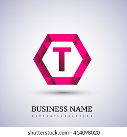  T Letter logo icon design template elements on red hexagonal.