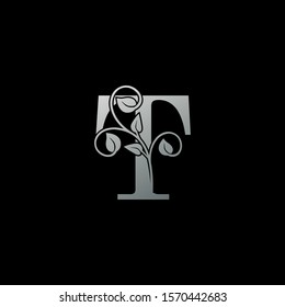 T Letter  logo icon. Monochrome Design concept logo  letter T with  leaves silver color for initial, fashion, restaurant, cafe, hotel and more brand identity.