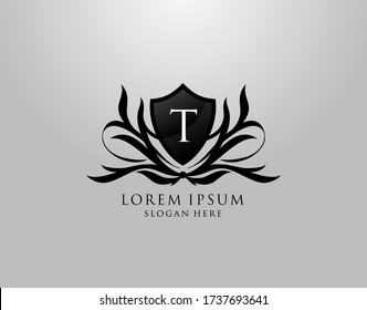 T Letter Logo. Inital T Majestic Shield design for Royalty, Fashion, Community, Boutique,  Hotel, Heraldic, Jewelry, Photography.