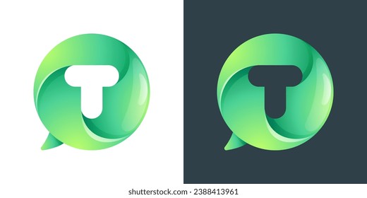 T letter logo inside speech bubble with swirl pattern. Negative space style icon. Colorful gradient emblem for your social media app, call center, online message, feedback icon, telemarketing screen.