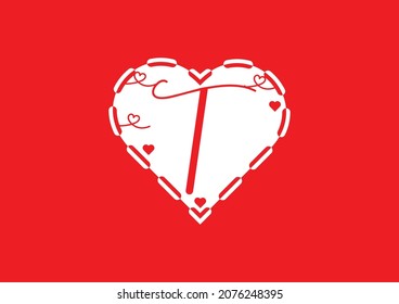 T letter logo with love icon, valentines day design template