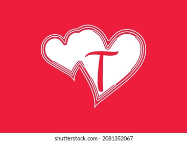 T letter logo with love icon, valentines day design template