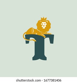 T letter logo with lying lion. Vector serif font perfect for premium labels, vintage posters and real estate identity, etc.