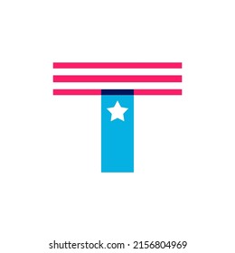 T letter logo made of American Stars and Stripes flag. Vector font for US history and 4th of July celebration in flat style. Perfect for Independence Day cards, invitations, banners.