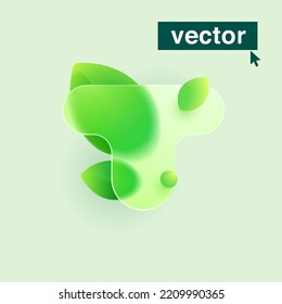 T letter logo made of green leaves under mate glass. Realistic Glassmorphism style. Vector blurry translucent icon. Eco transparent emblem for agriculture advertising, waste recycling, healthy food.