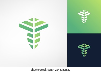 T-Buchstaben-Logo aus Blattstilisierten Formen. Ein biologisches Maskulinlogo, aber dennoch einfach und raffiniert. Dieses Logo eignet sich für Immobilien-, Technologie-, Handels- und Umweltunternehmen.