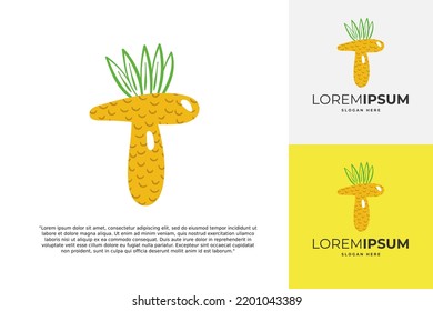T letter logo made of pineapple. Fruit handmade calligraphy for agricultural identity, restaurant cards, kids t-shirt, summer prints, etc